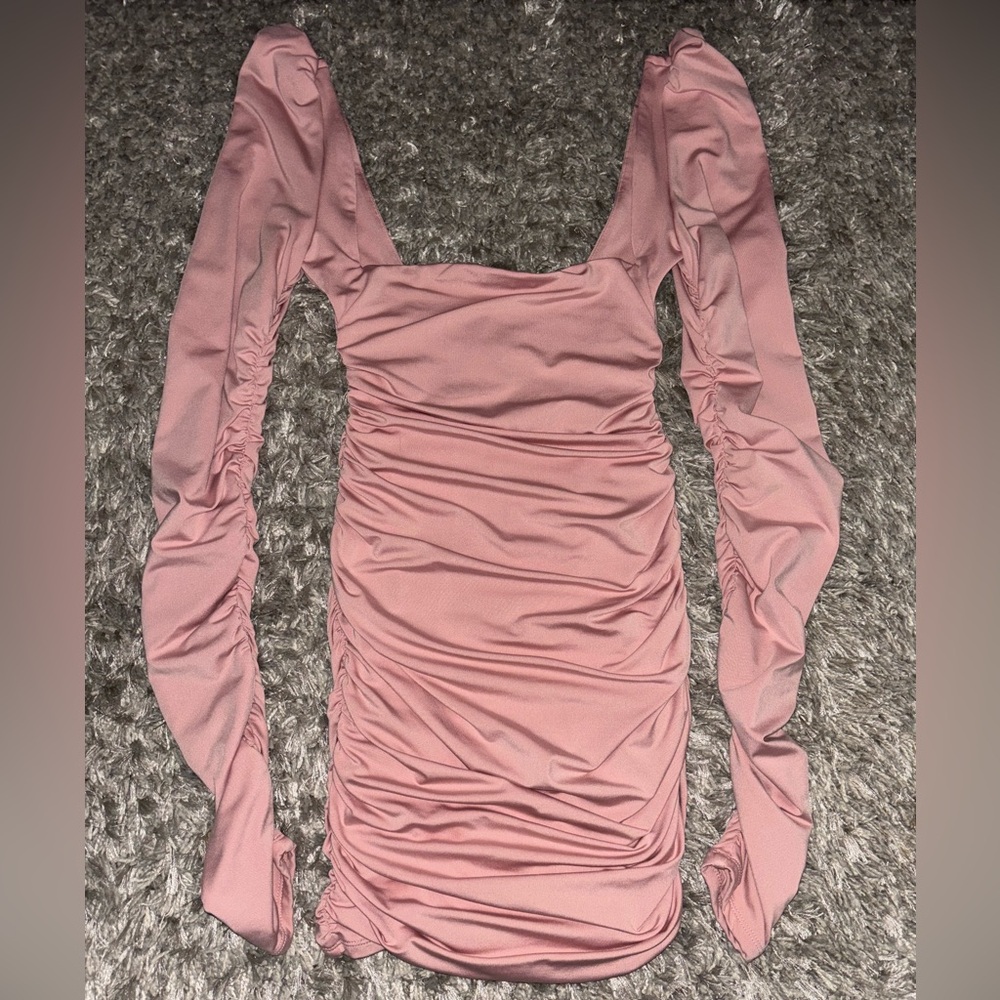 Oh Polly Pink Ruched Bodycon Dress with Bishop Sleeves